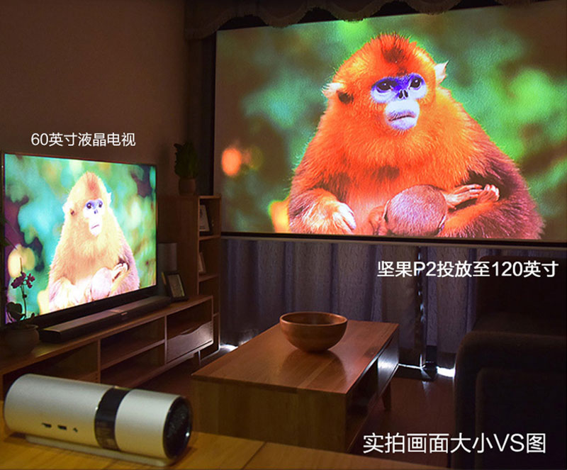 坚果P2投影仪大小画面效果对比